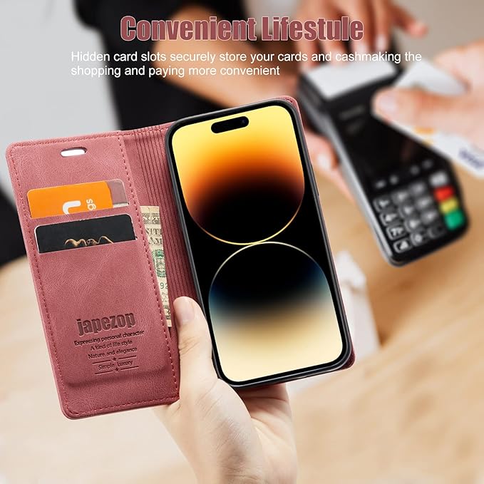 japezop Compatible with iPhone 14 Pro Wallet Case,with [RFID Blocking] Credit Card Slots Folio Magnetic Stand,Leather Flip Case Wallet for iPhone 14 Pro 5G 6.1 Inch (Red)