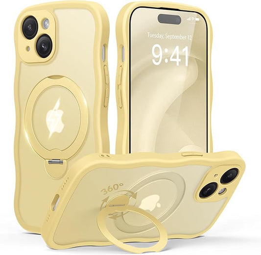 for iPhone 15 Plus Case for Women,[Compatible with Magsafe][360° Spin Magnetic Stand][Cute Wave Edge][Military-Grade Protection]Translucent Matte Phone Case for iPhone 15 Plus, Jasmine Yellow