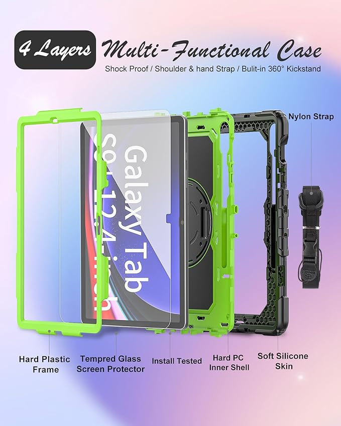 Case for Samsung Galaxy Tab S10 Plus/ S9 FE Plus/ S9 Plus 5G Tablet 12.4'', Shockproof Protective Cover with [Tempered Glass Screen Protector], Stand, Shoulder Strap & S Pen Holder (Green)