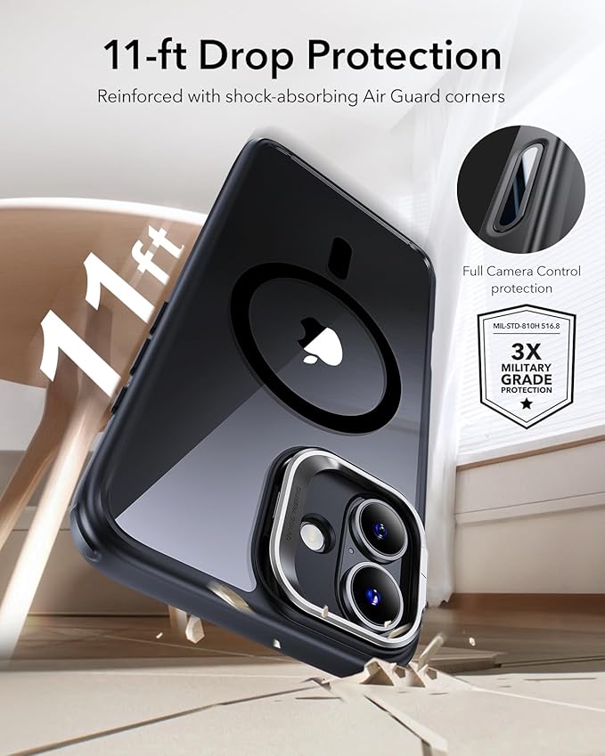 ESR for iPhone 16 Plus Case, Compatible with, Military-Grade Protective Case, Built-in Stash Stand Phone Case, Scratch-Resistant Back Cover, Classic Series, Clear Black