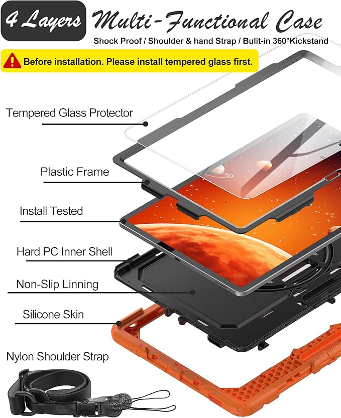 Case for Samsung Galaxy Tab S10 FE Plus 5G Tablet 13.1'', Shockproof Protective Cover with Tempered Glass Screen Protector, Rotatable Kickstand, S Pen Holder, Hand/Shoulder Strap, Orange