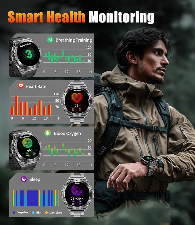 EF16 Smart Watch for Men (Answer/Make Calls), 1.6" AMOLED HD Fitness Watches with LED Flashlight, 600mAh Battery/2 Straps/100+ Sports/IP68 Waterproof Smartwatch for Android iPhone Compatible