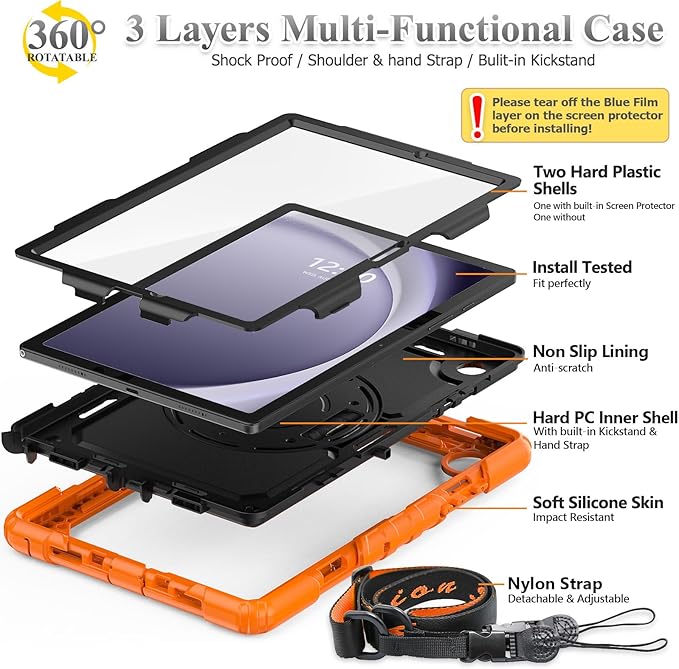 SEYMAC stock Case for Samsung Galaxy Tab A9+ Plus 11'', Full-Body Drop Protection Case with Screen Protector Pencil Holder [360° Rotating Hand Strap] &Stand, Orange+Black