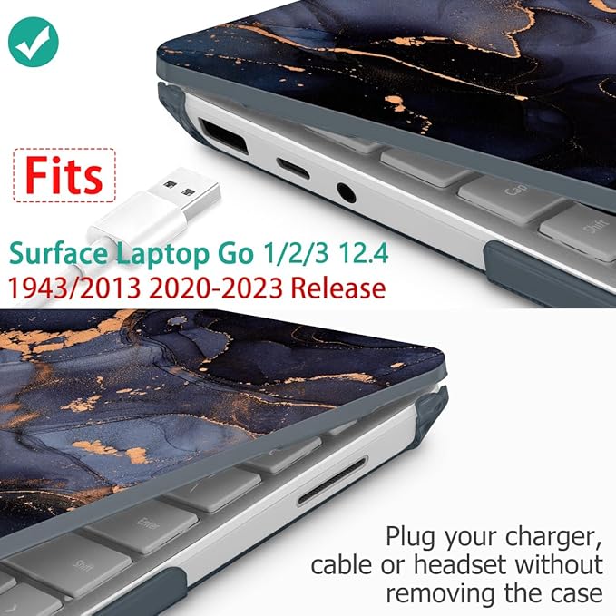 Tuiklol Case for 12.4 Inch Microsoft Surface Laptop Go 3/2 / 1 2023-2020 Releases, Plastic Hard Shell Case with Screen Protector and Keyborad Cover +Dust Plugs Model 2013/1943, Black Marble