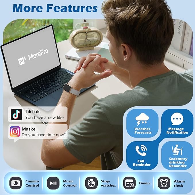 MorePro Health Fitness Tracker with Blood oxy-gen Monitor and 24/7 Heart Rate and Blood Pressure, Sleep Monitor, 120+ Sport Modes Waterproof Fitness Watch for Women Men Android iOS, Gold