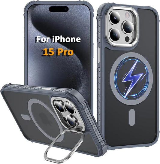Magnetic for iPhone 15 Pro Case Gray with MagSafe Wireless Charging Heavy Duty Military-Grade Shockproof Protection Adjustable Kickstand Slim Matte Anti-Fingerprint Cover Men Women