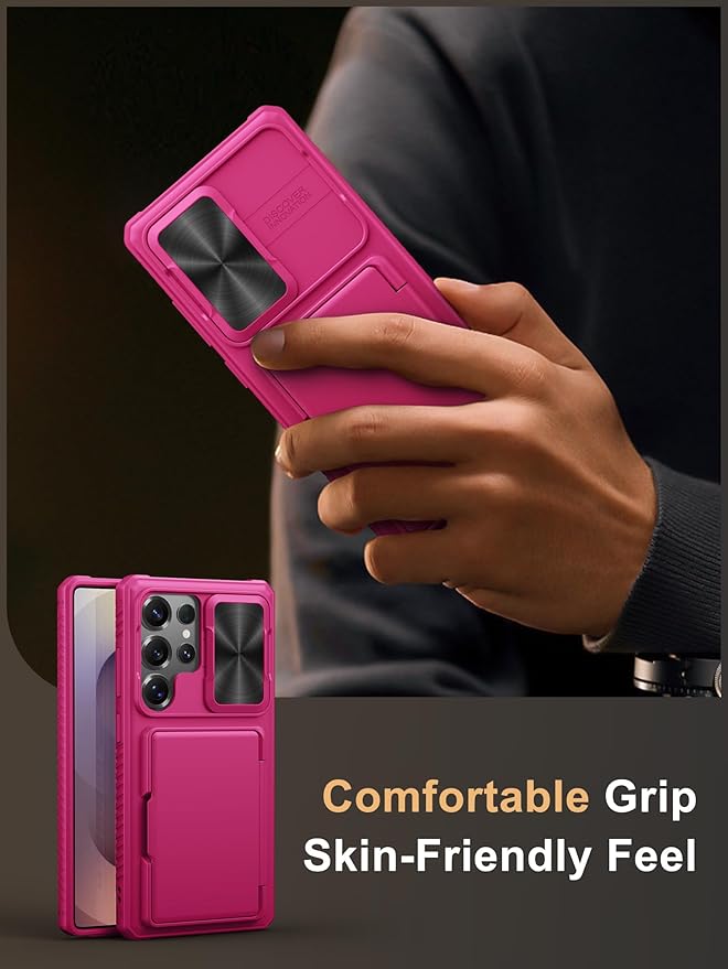 Vihibii for Samsung Galaxy S25 Ultra Wallet Case with Card Holder (4 Cards), [RFID Blocking] & Slide Camera Cover & Raise Screen Edges, Hard Back Phone Cover for Samsung Galaxy S25 Ultra, Hot Pink