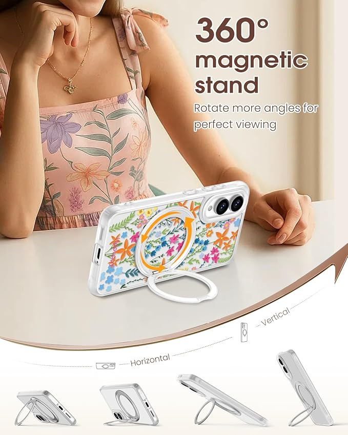for Samsung Galaxy S25 Edge Case with 360° Rotatable Magnetic Ring - Compatible with MagSafe, Semi-Transparent Soft-Touch Material Shockproof, Cute Colors Flower Design for Women Girl
