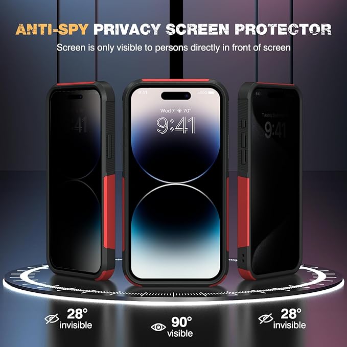 Diaclara Designed for iPhone 14 Pro Max Case, [with Privacy Screen Protector] [Anti Spy] [Military Grade Drop Protection] Heavy Duty Full-Body Shockproof Phone Case, Red
