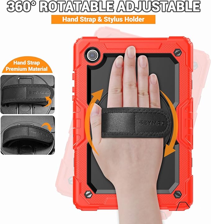 SEYMAC for Samsung Galaxy Tab A8 Case 10.5 Inch (SM-X200/ X205/ X207), Heavy Duty Full-Body Shockproof Protective Case with Screen Protector, Rotating Stand, Hand/Shoulder Strap and Pen Holder, Red