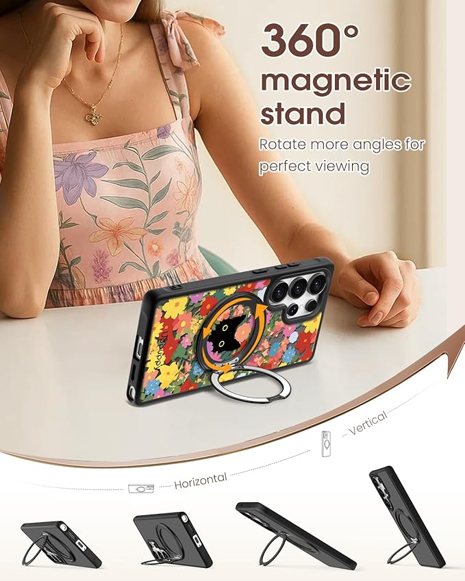 for Samsung Galaxy S25 Ultra Case with 360° Rotatable Magnetic Ring - Compatible with MagSafe, Semi-Transparent Soft-Touch Material Shockproof, Cute Black Cat & Flower Design for Women Girl