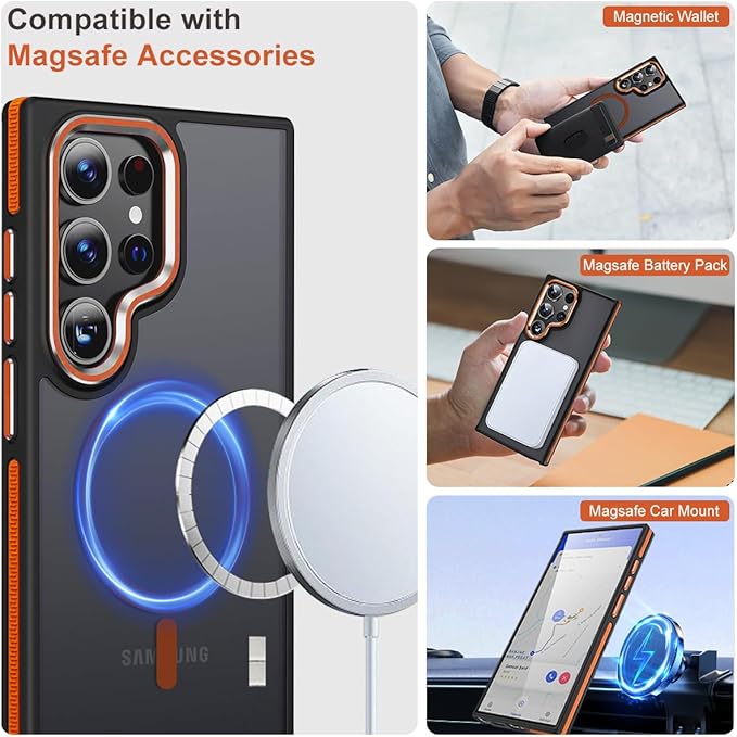 for Samsung Galaxy S24 Ultra Case, Magnetic Phone Case Compatible with Magsafe, Anti-Slip Drop Protection Translucent Cover for Galaxy S24 Ultra (Black/Orange)