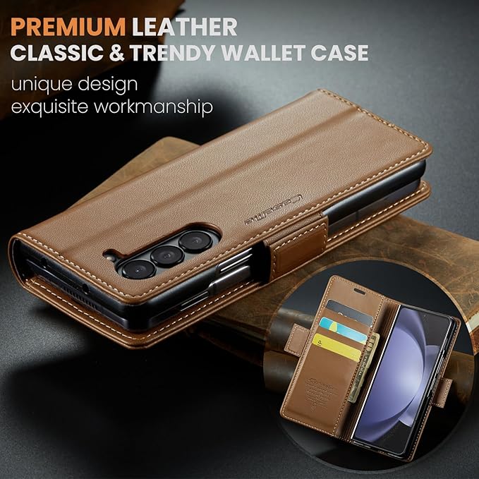 for Samsung Galaxy Z Fold 5 Case, Premium PU Leather Wallet Case Flip Cover with [RFID Blocking][Card Holder][Stand Function] Shockproof Protective for Samsung Galaxy Z Fold 5, Brown