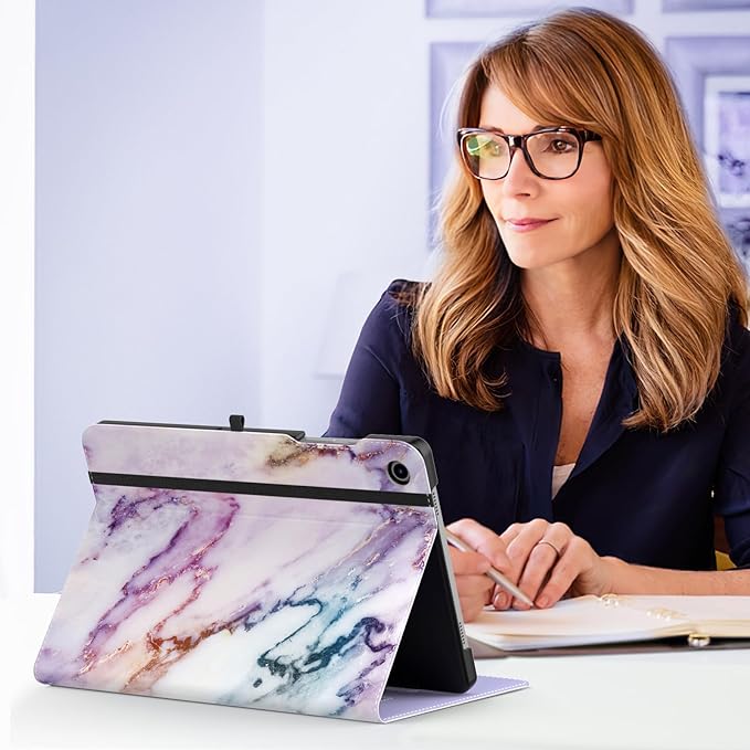 MoKo Case for Samsung Galaxy Tab A9 Plus 11" 2023 (SM-X210/SM-X216/SM-X218), PU Leather Multi-Angle Viewing Folding Stand Cover Case with Hand Strap, Front Pocket, Auto Wake/Sleep, Purple Marble