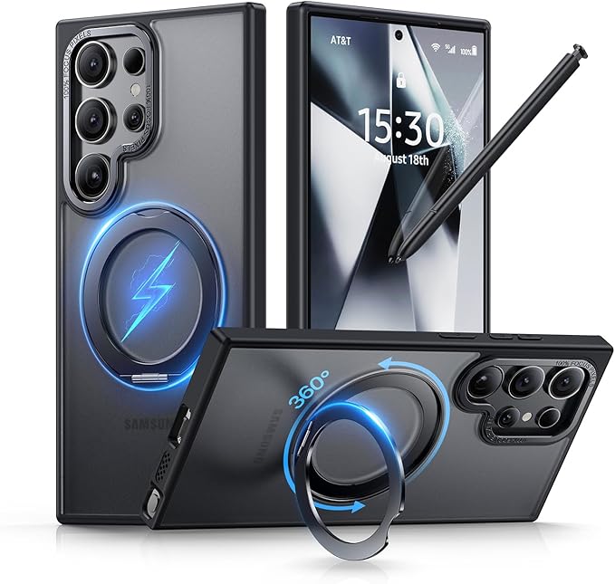 QTlier Phone case for Galaxy S24 Ultra- 360 Rotatable Magnetic Ring Stand, Military-Grade Protection, Raised Camera Frame Black