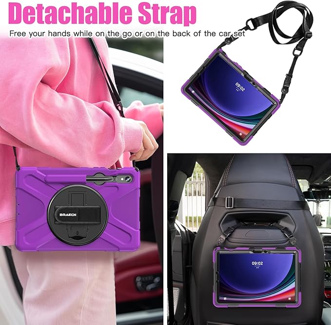 BRAECNstock for Samsung Galaxy Tab S10 Lite/ S10 FE/ S9 FE/ S9/ S8/ S7 5G Case 10.9"/11", Shockproof Protective Kids Case with Pencil Holder, Rotating Hand Strap & Stand, Shoulder Strap, Purple