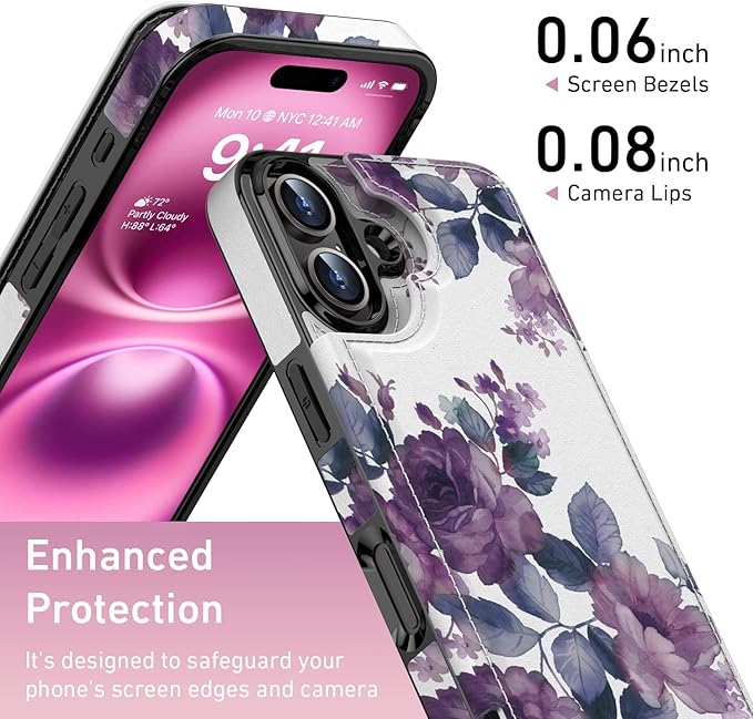 FUNMIKO for iPhone 16 Wallet Case with Card Holder, RFID-Blocking, Military-Grade Protection & UV-Printed Artwork, Magnetic Closure with Leather Kickstand - Elegant Purple Floral