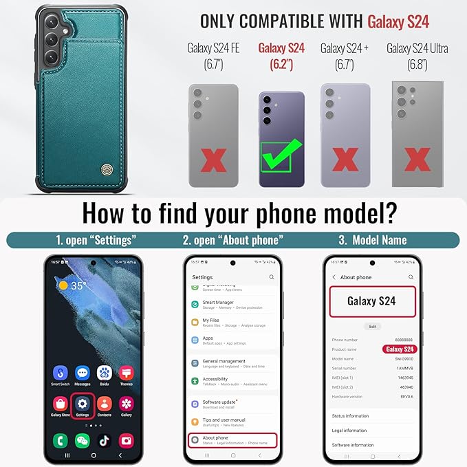 Vinich for Samsung Galaxy S24 Wallet Case with Card Holder, RFID Blocking Credit Slots Kickstand Shockproof Phone Cover for Women Men, Bluish Green