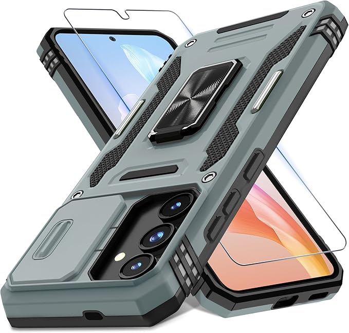 DEERLAMN Case for Samsung Galaxy S25 FE 6.7-Inch with Slide Camera Cover+Screen Protector(1 Pack), Rotated Ring Kickstand Military Grade Shockproof Protective Cover-Grey