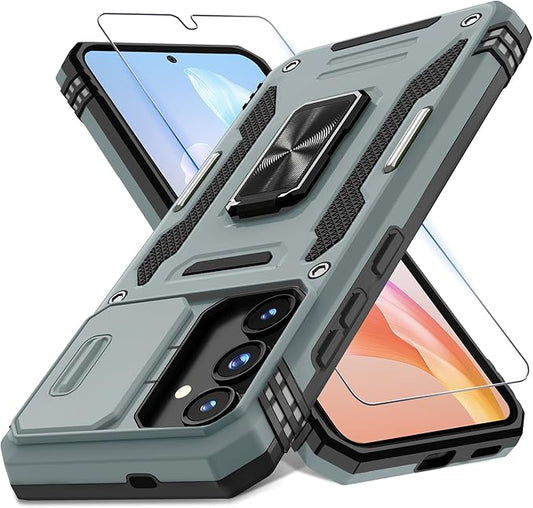DEERLAMN Case for Samsung Galaxy S25 FE 6.7-Inch with Slide Camera Cover+Screen Protector(1 Pack), Rotated Ring Kickstand Military Grade Shockproof Protective Cover-Grey