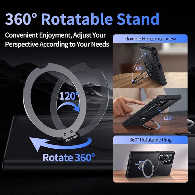 for Samsung Galaxy S25 Ultra Case,Compatible with Magsafe [Wireless Charging],with 360°Rotatable Magnetic Ring Stand Matte Translucent Slim Soft Edge Phone Kickstand,Black