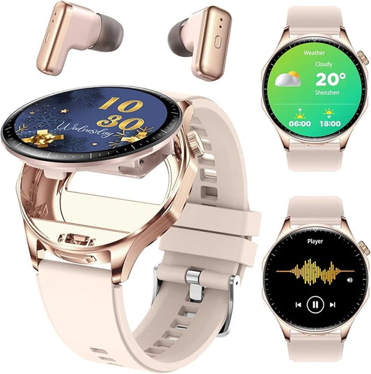 Smart Watch with Earbuds,2 in 1 TWS Smartwatches,1.43" Colorful AMOLED Display Smartwatch for Android iOS,Waterproof Fitness Tracker Long Time Standby (Pink)