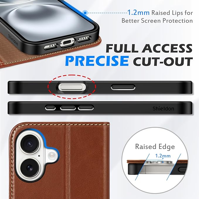 SHIELDON Case for iPhone 16 5G 6.1", Genuine Leather Wallet Flip Magnetic Closure Cover RFID Blocking Credit Card Holder Kickstand TPU Shockproof Case Compatible with iPhone 16 2024 - Retro Brown