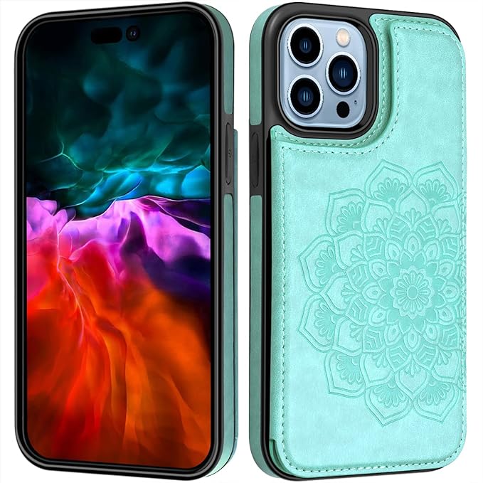 MMHUO for iPhone 14 Pro Max Case with Card Holder,Flower Magnetic Buttons Protective Wallet Case for Women for iPhone 14 Pro Max,Mint