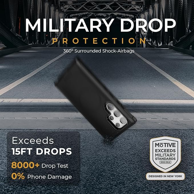 MOTIVE Designed for Samsung Galaxy s24 Ultra Case with Belt Clip, Compatible with MagSafe, Quad-Layer 15FT Military Grade Drop Protection, Heavy Duty s24 Ultra Holster Case 6.8” | Black