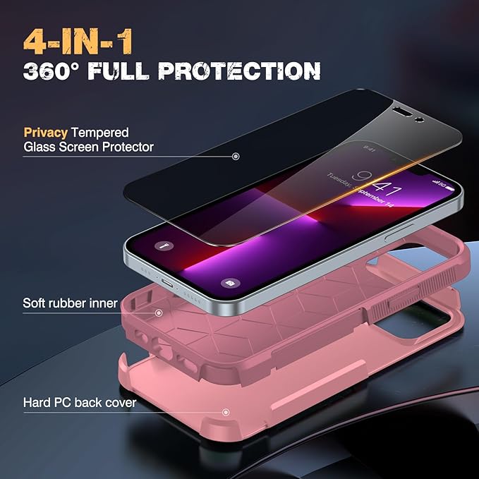 Diaclara Designed for iPhone 13 Pro Max Case, [with Privacy Screen Protector] [Anti Spy] [Military Grade Drop Protection] Heavy Duty Full-Body Shockproof Phone Case, Pink