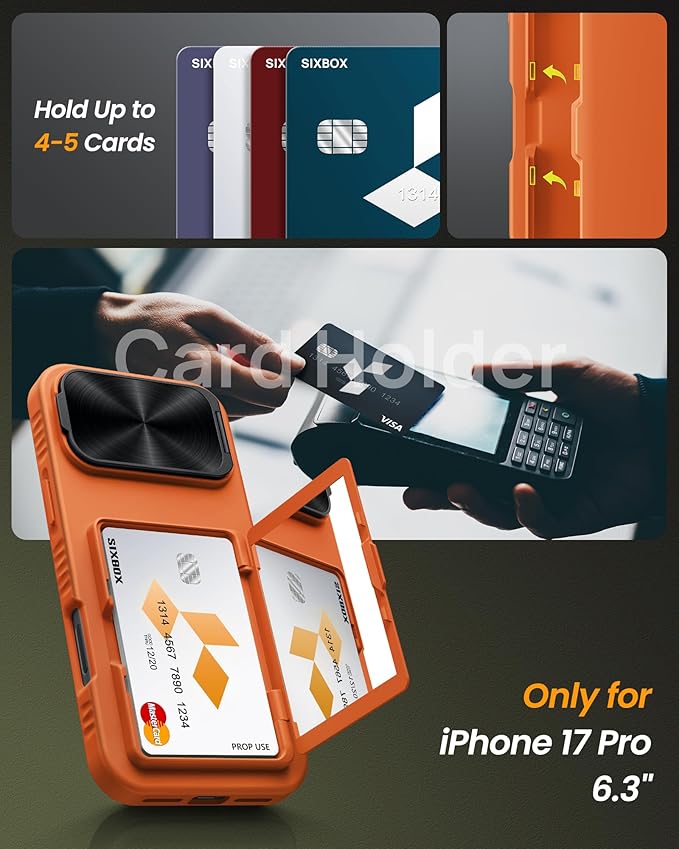 for iPhone 17 Pro Case with Credit Card Holder, Built-in Camera Cover & Stand, Silicone Bumper Raised Edge Multifunctional Full Body Protective Phone Cover Case for iPhone 17 Pro 2025, Orange