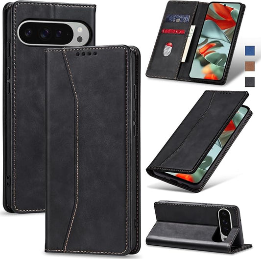 Jasonyu Flip Wallet Case for Google Pixel 9 Pro XL,Leather Magnetic Folio Cover with Card Holder,Kickstand - TPU Shockproof Durable Protective Phone Case,Black