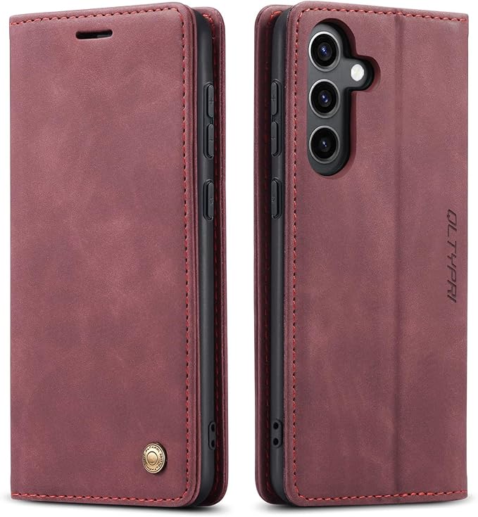 QLTYPRI Case for Samsung Galaxy S24, Vintage PU Leather Wallet Case Card Slot Kickstand Magnetic Closure Shockproof Flip Folio Case Cover for Samsung Galaxy S24 - Red