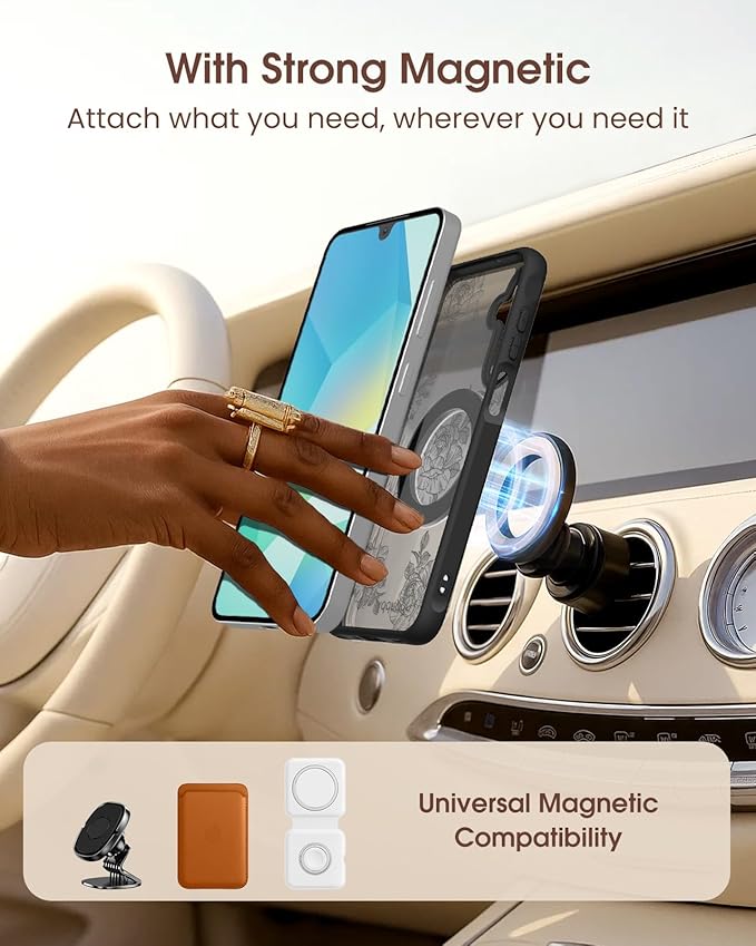 for Samsung Galaxy A16 4G/5G Case with 360° Rotatable Magnetic Ring - Semi-Transparent Anti-Fingerprint Soft-Touch Material Shockproof, Cute Line Art Flower Design for Women Girl