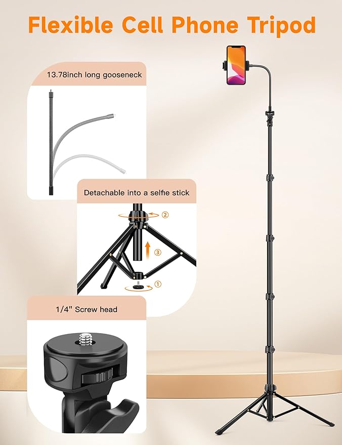 Phone Tripod Stand, 84" Tall Flexible Cellphone Tripod for iPhone with Gooseneck Remote, Portable Phone Stand for Recording, Compatible with iPhone 14 13 12 pro Android Camera