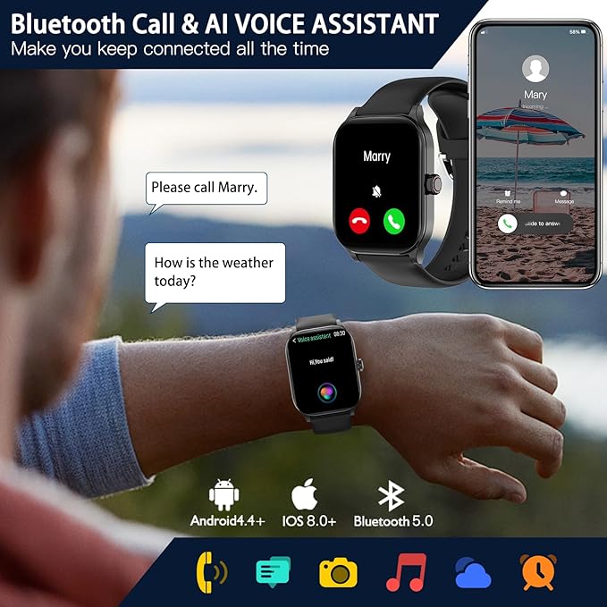Smart Watch for Women Men(Answer/Make Call), Smartwatches with Heart Rate/SpO2/Sleep/Stress Monitor, IP68 Waterproof Activity Tracker for Android iPhone, 100+ Sports Fitness Watches (Black, 1.85“)