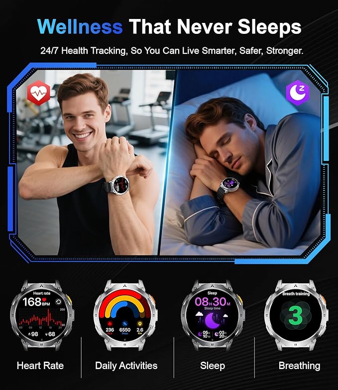 Smart Watches for Men Answer/Make Call, 1.62" AMOLED/730mAh Battery/LED Flashlight Military Smartwatch, 110+ Sports Modes IP68 Waterproof Fitness Tracker for Android iOS Silver