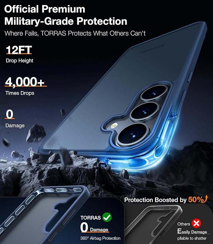 TORRAS Guardian Shockproof for Samsung Galaxy S25 Case, [12FT Military Grade Drop] Thin & Soft Touch for Samsung S25 Case, Translucent Matte Protective Slim Case for Samsung S25, Blue