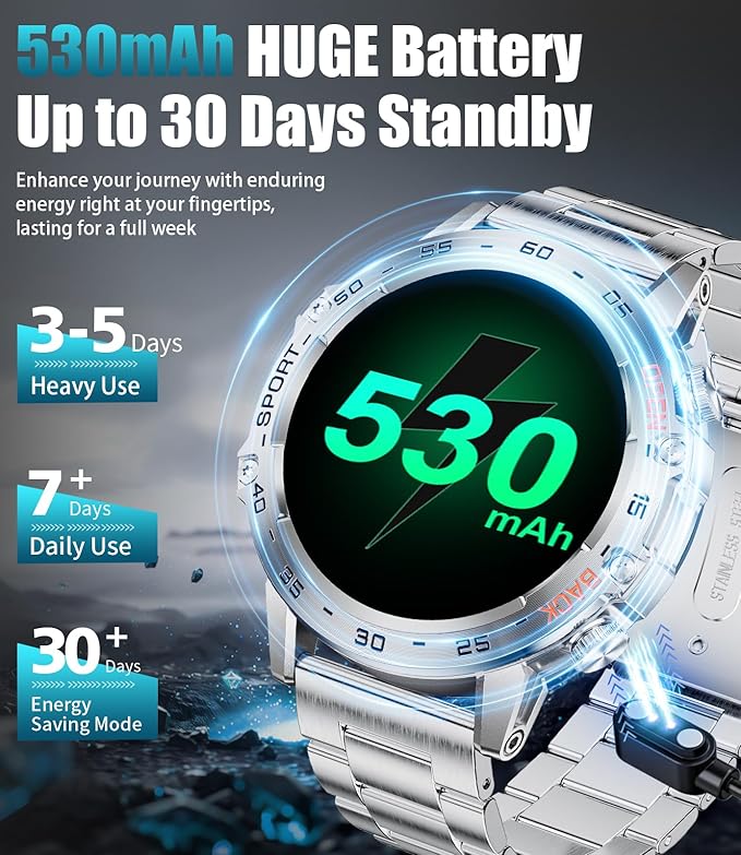 Military Smart Watch for Men(Answer/Dial Calls),1.43'' AMOLED/100 Sports Modes, 5ATM Waterproof Fitness Watch with Heart Rate/SpO2/pedometer for Android and iOS,Round Smartwatch Silver Steel