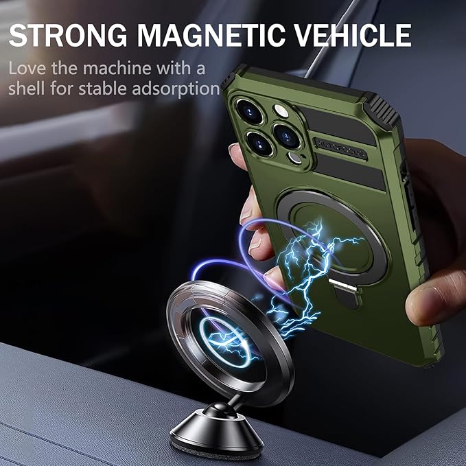 for iPhone 13 Pro Max Case Magnetic Compatible with Magnetic Wireless Charging,with 2 Screen Protectors,with Kickstand Shockproof Shock-Absorbent Heavy Duty Protection Scratch Resistant Green