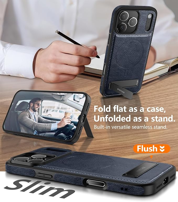 Magnetic for iPhone 17 Pro Leather Case,Built-in Invisible Stand [Compatible with Magsafe] Protective Slim Kickstand Phone Cover for iPhone 17 Pro Case, Blue