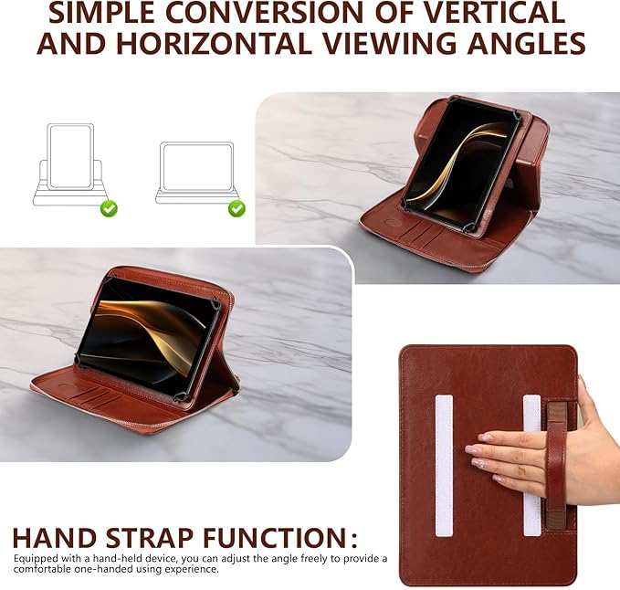 E NET-CASE 9.6-11 Inch Universal Tablet Case with Tri-Angle Adjustable Stand (Vertical/Horizontal), Detachable Shoulder Strap & Document Card Pocket, Premium PU Leather(Brown)