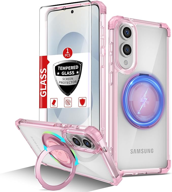 for Samsung Galaxy S25 Edge Case Compatible with MagSafe Magnetic,with Screen Protector,Built-in Kickstand Ring Military Grade Drop Heavy Duty Protection Shockproof for S25Edge Phone Case Pink
