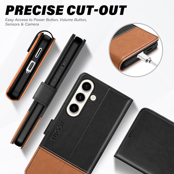 TUCCH Wallet Case for Galaxy S25 Plus 5G, Magnetic PU Leather Stand [RFID Blocking] Card Slot Folio Protective Cover with TPU Shockproof Inner Shell Compatible with Galaxy S25 Plus 6.7", Black & Brown