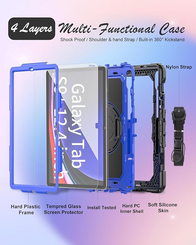 Case for Samsung Galaxy Tab S10 Plus/ S9 FE Plus/ S9 Plus 5G Case 12.4" with Tempered Glass Screen Protector, Rotatable Kickstand/Hand & Shoulder Strap/S Pen Holder (Blue)