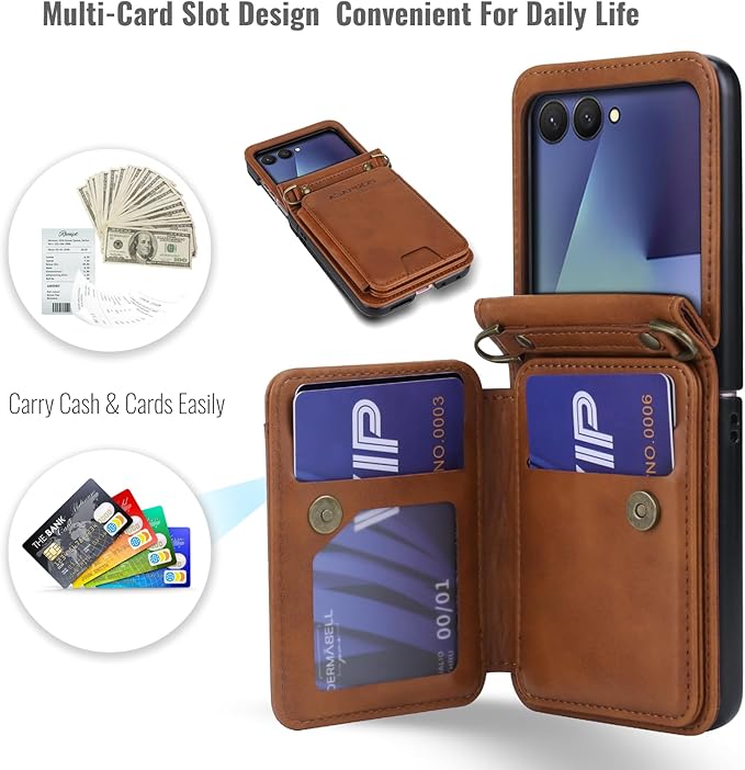 ASAPDOS for Samsung Galaxy Z Flip 7 PU Leather Wallet Phone Case with Card Slots (Holds 5 Cards), Anti-Drop Protection, Wrist & Shoulder Strap Brown