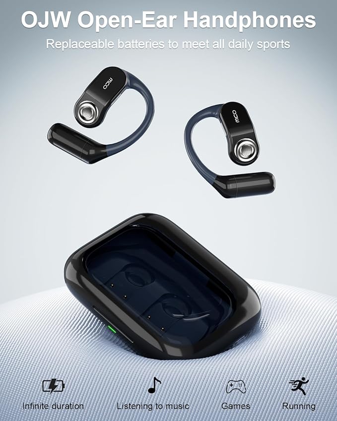 OJW Open Ear Headphones, Unlimited Power Earphones with Case & Replaceable Battery, OWS Bluetooth 5.4 Wireless Headphone with Mic, IPX7 Waterproof Headset for Sports, Compatible with iPhone & Android