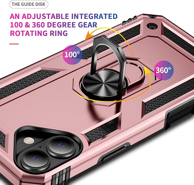 ADDIT Compatible with iPhone 17 Case with Tempered Glass Screen Protector, Adjustable Kickstand Ring, Military-Grade Heavy Duty Protection, Shockproof, Anti-Fingerprint,Rose Gold