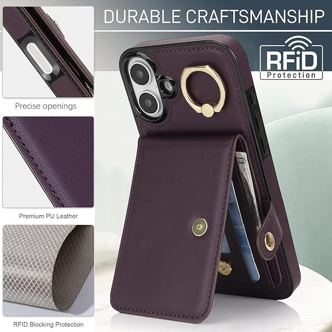 Compatible iPhone 16 Plus Wallet Case with Card Holder RFID Blocking PU Leather Doubles as a Wallet Unisex Flip Shockproof Protection with Card Slots Ring Wrist Kickstand Function,Purple