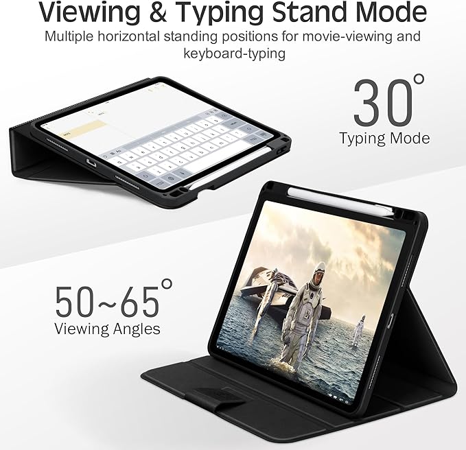 KingBlanc Case for iPad Pro 11 inch (M4) 2024 with Pencil Holder, Vegan Leather Smart Stand Cover, Auto Sleep Wake, Support Pencil Pro/(USB-C), Angles for Viewing/Writing, Durable Protection, Black